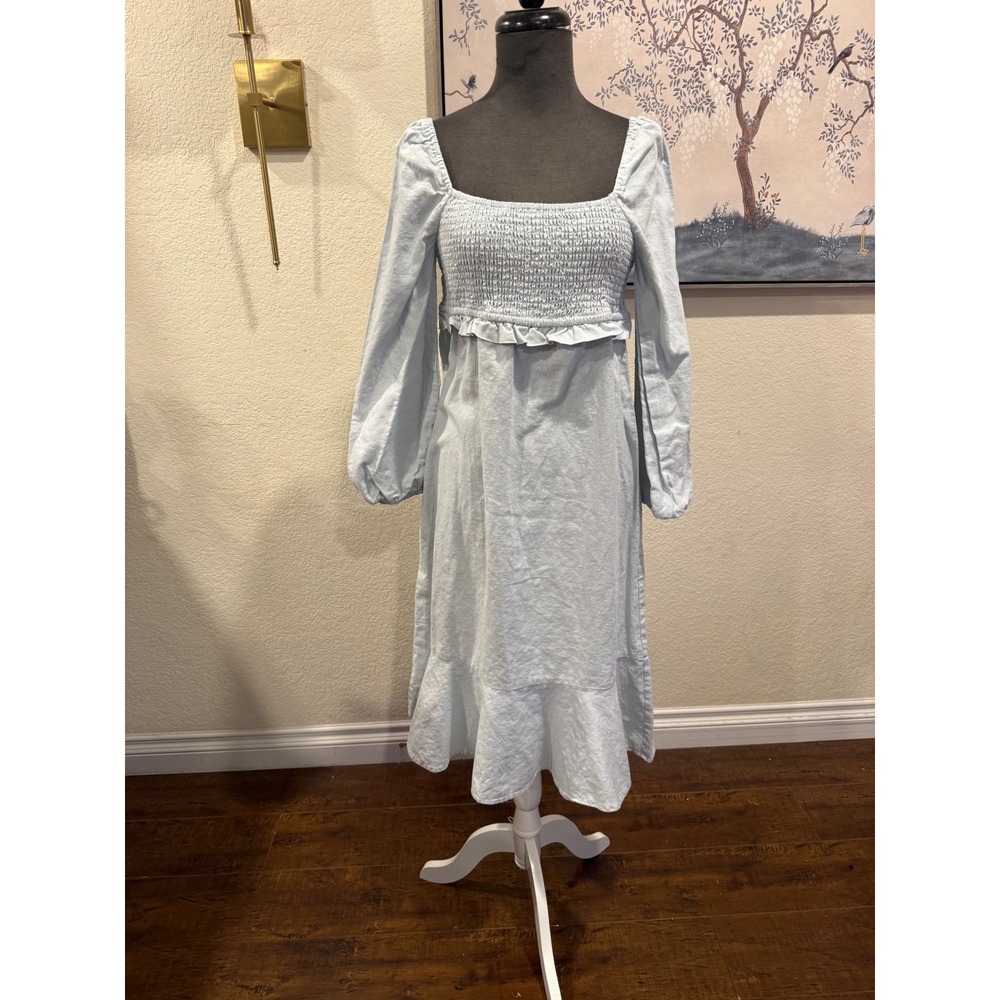 7 For All‎ Mankind Light Blue Linen Cotton Smocked Midi Dress Long Sleeve Large